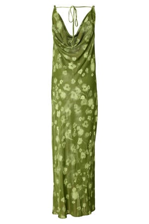 satijnen gebloemde maxi jurk groen