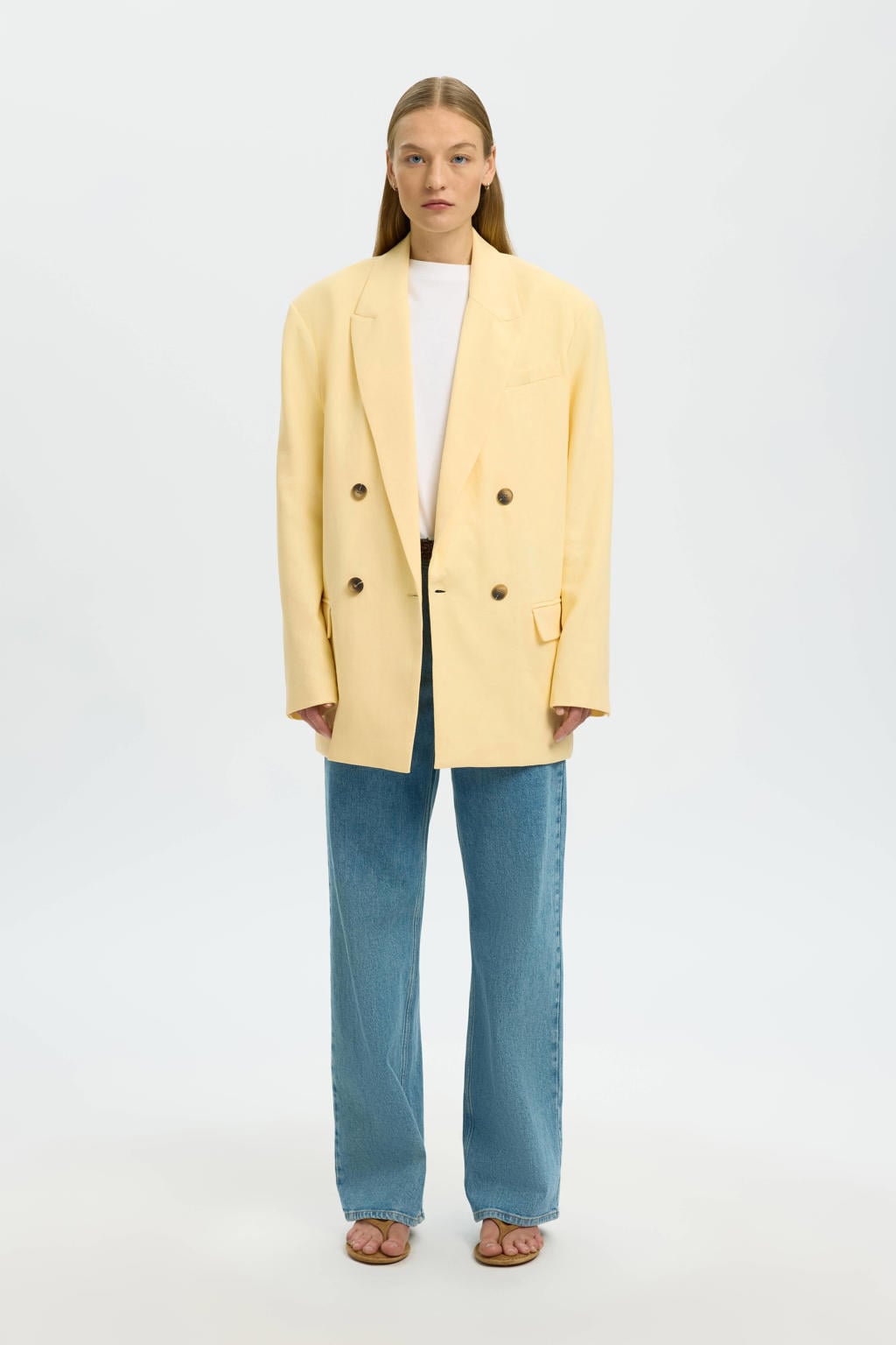 Lichtgele dames Selected oversized blazer van viscose met effen, lange mouwen en reverskraag