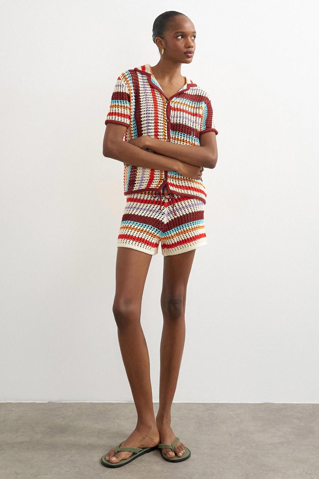 Multikleurige dames TOPSHOP gestreepte top gebreid met korte mouwen