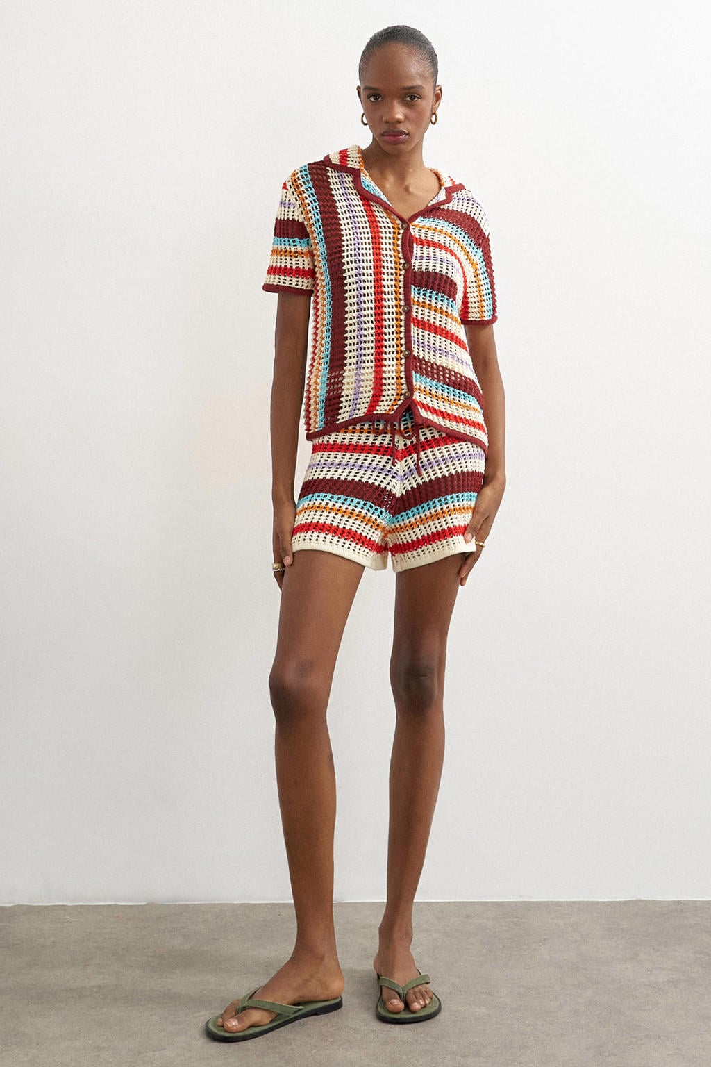 Multikleurige dames TOPSHOP regular high waist gestreepte strandshort gebreid van katoen met elastische tailleband met koord