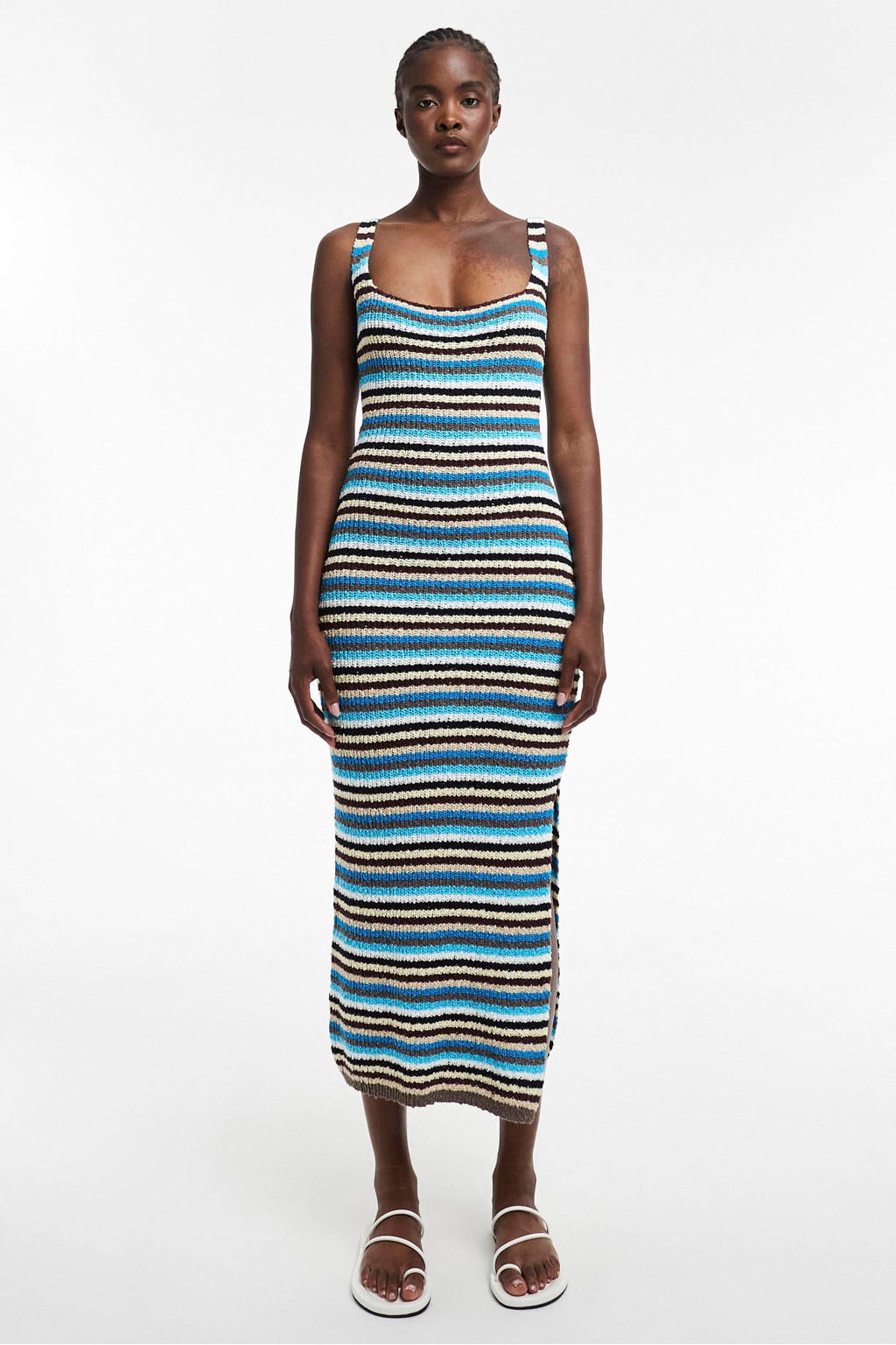 Blauw, zwart en bruine dames TOPSHOP gestreepte zomerjurk gebreid van katoen met ronde hals