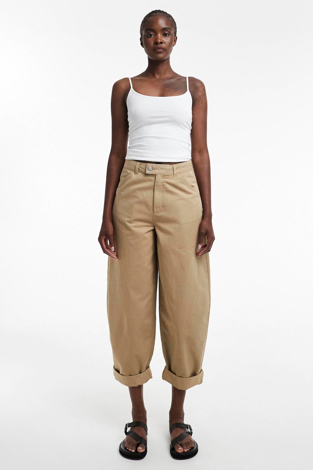 Lichtbruine dames TOPSHOP barrel high waist casual broek van katoen met rits- en knoopsluiting en effen