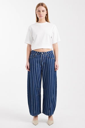 low gestreepte barrel jeans met riemlussen - donkerblauw