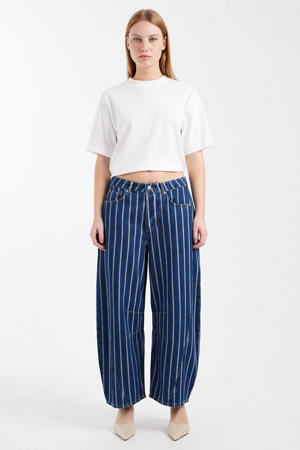 low gestreepte barrel jeans met riemlussen - donkerblauw