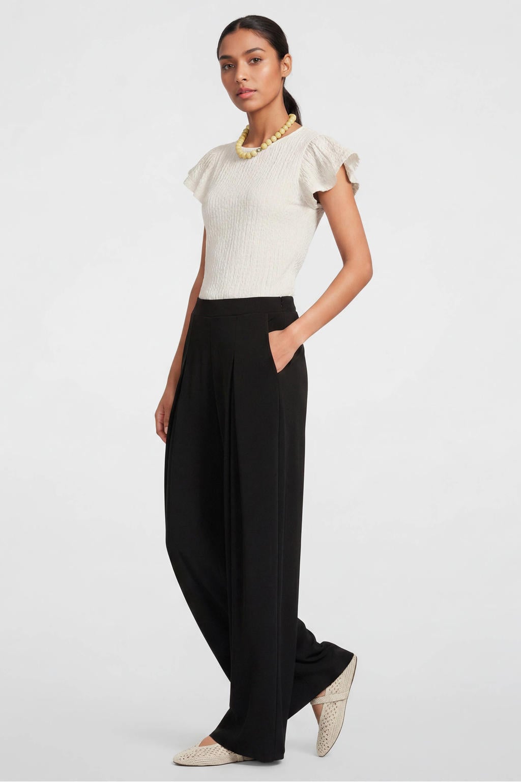 Witte dames Anytime top en ruches van polyester met korte mouwen en ronde hals