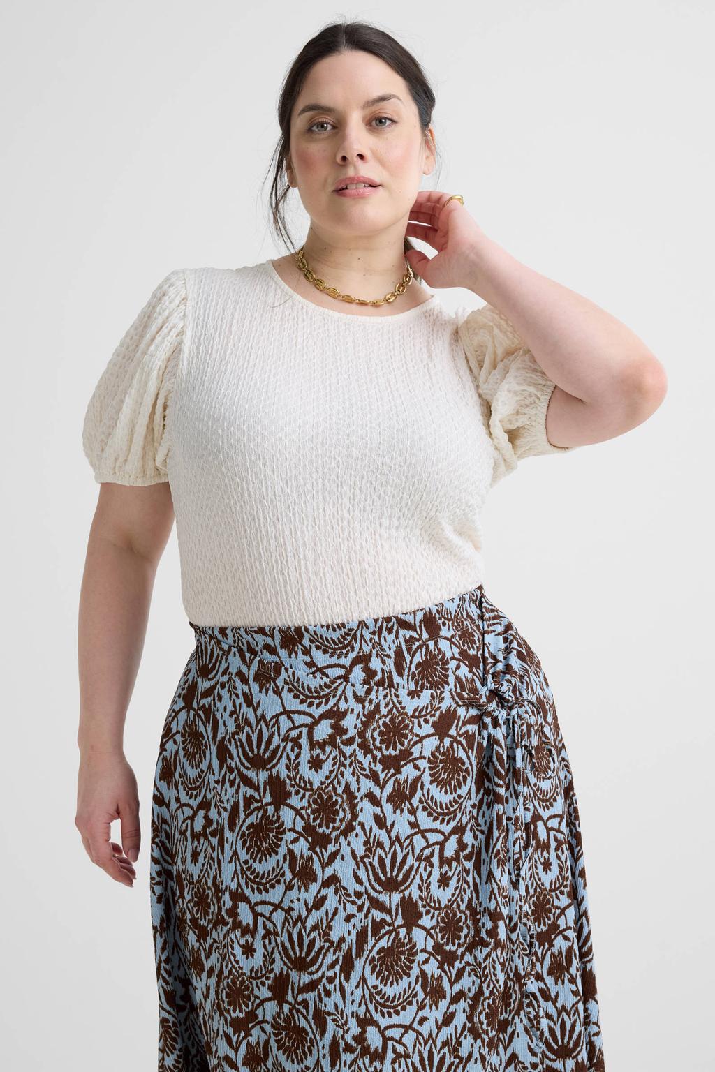Witte dames GREAT LOOKS top met effen, korte mouwen, ronde hals en textuur