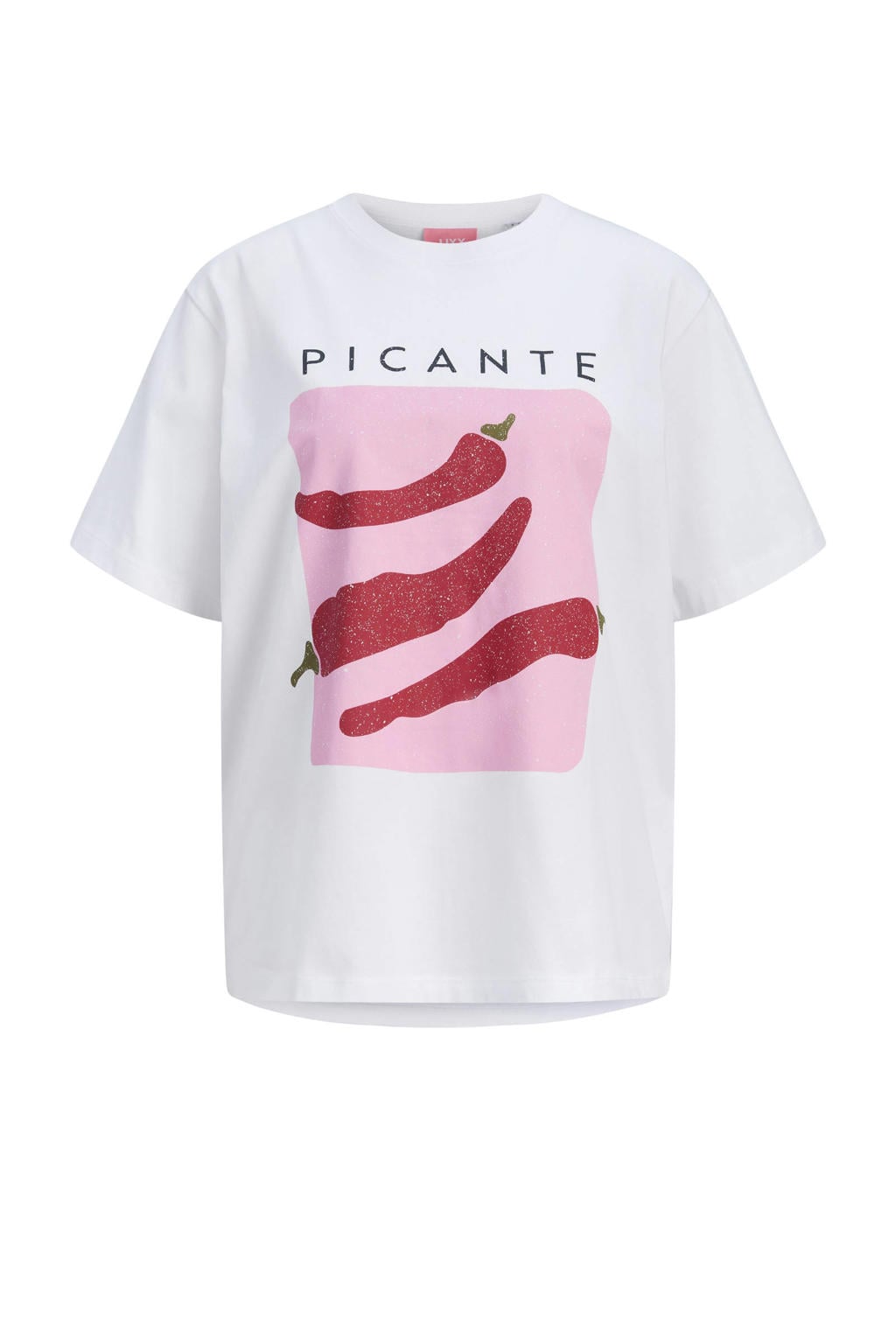 Wit, roze en rode dames JJXX T-shirt van katoen met printopdruk, korte mouwen en ronde hals