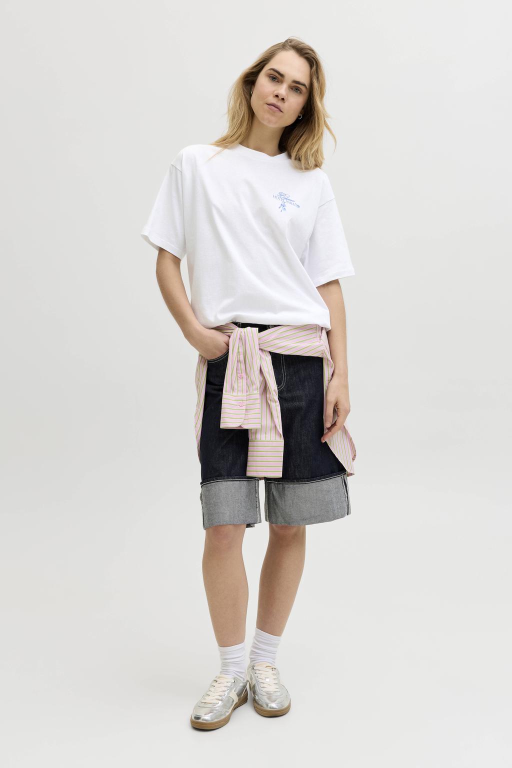 Wit en lichtblauwe dames JJXX T-shirt van katoen met backprint, korte mouwen en ronde hals