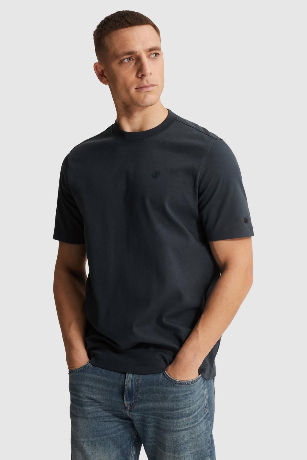 Donkerblauwe heren Cast Iron regular T-shirt van katoen met effen en korte mouwen