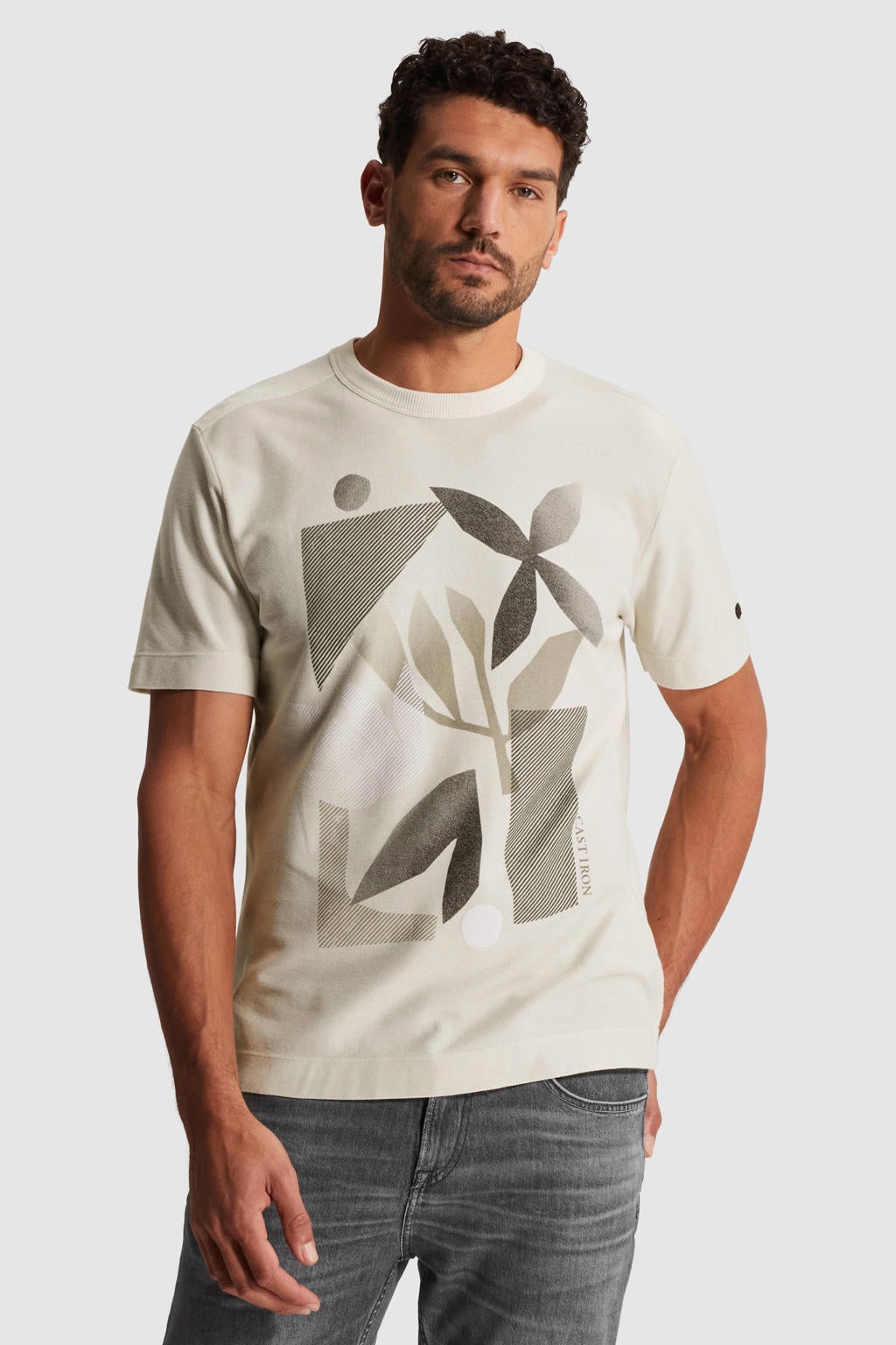 Ecru heren Cast Iron regular T-shirt van katoen met printopdruk en korte mouwen