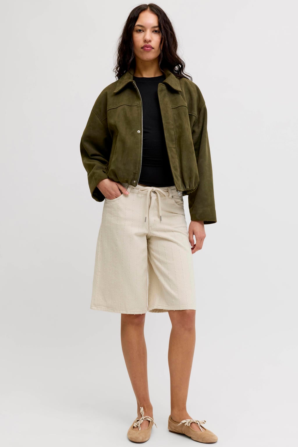 Ecru dames JJXX high waist jort van katoen met loose fit, rits- en knoopsluiting en effen