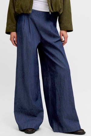 wide leg regular waist casual broek dark blue denim