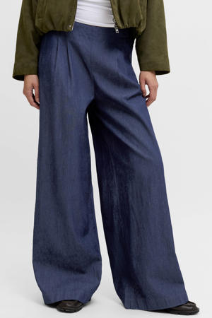 wide leg regular waist casual broek dark blue denim