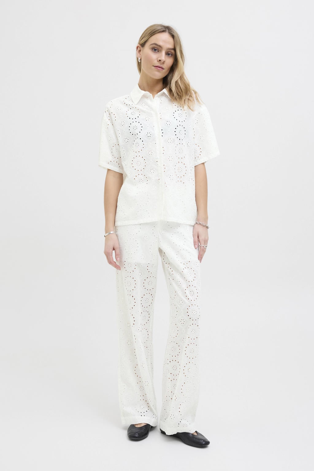 Witte dames JJXX straight regular waist broek broderie van katoen met rits- en haaksluiting en effen