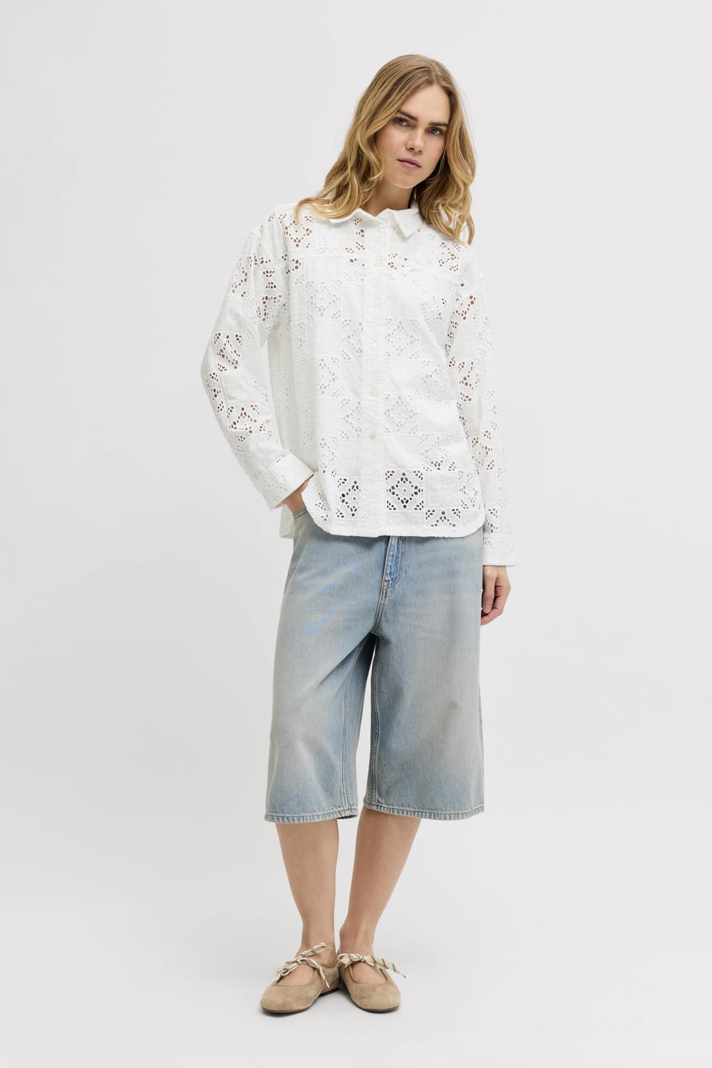 Witte dames JJXX blouse broderie van katoen met effen, lange mouwen, klassieke kraag en knoopsluiting