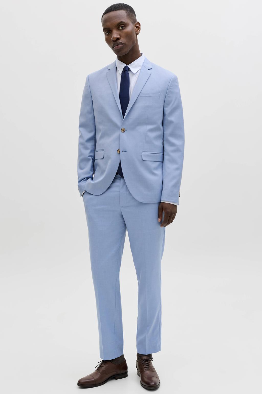 Blauwe heren JACK & JONES PREMIUM colbert met effen, reverskraag en knoopsluiting
