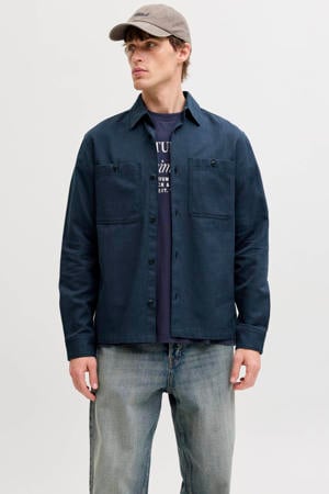 regular casual overhemd met linnen donkerblauw