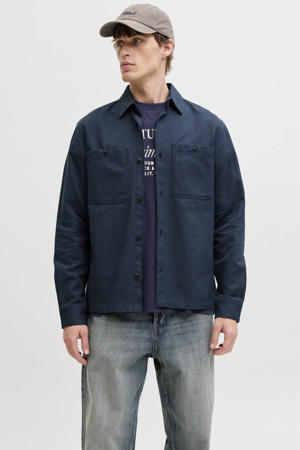 regular casual overhemd met linnen donkerblauw