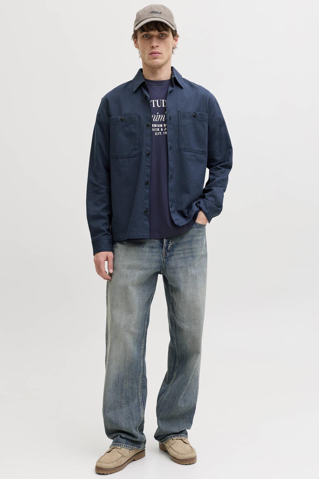 JACK & JONES PREMIUM regular casual overhemd met linnen donkerblauw