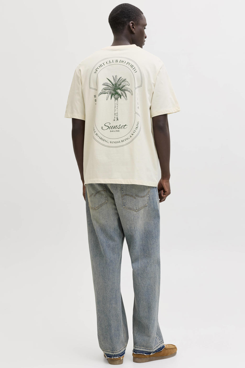Ecru heren JACK & JONES ORIGINALS oversized T-shirt van katoen met backprint, korte mouwen en ronde hals