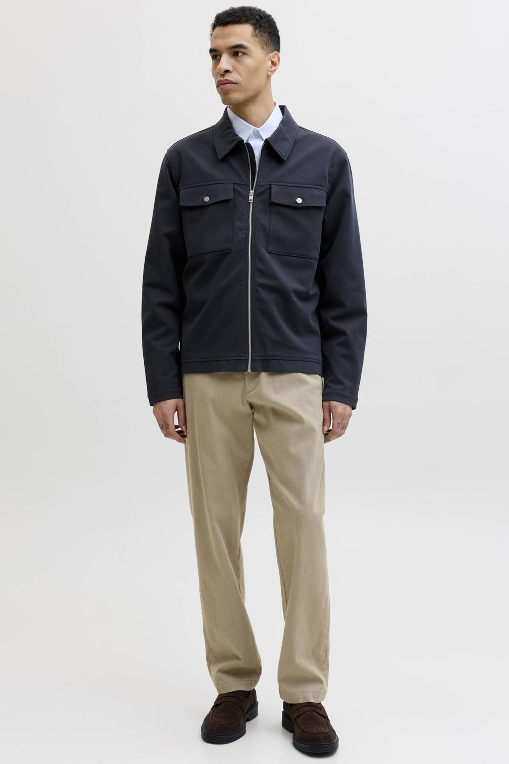 Donkerblauwe heren JACK & JONES PREMIUM overshirt van katoen met effen, korte mouwen, klassieke kraag en ritssluiting