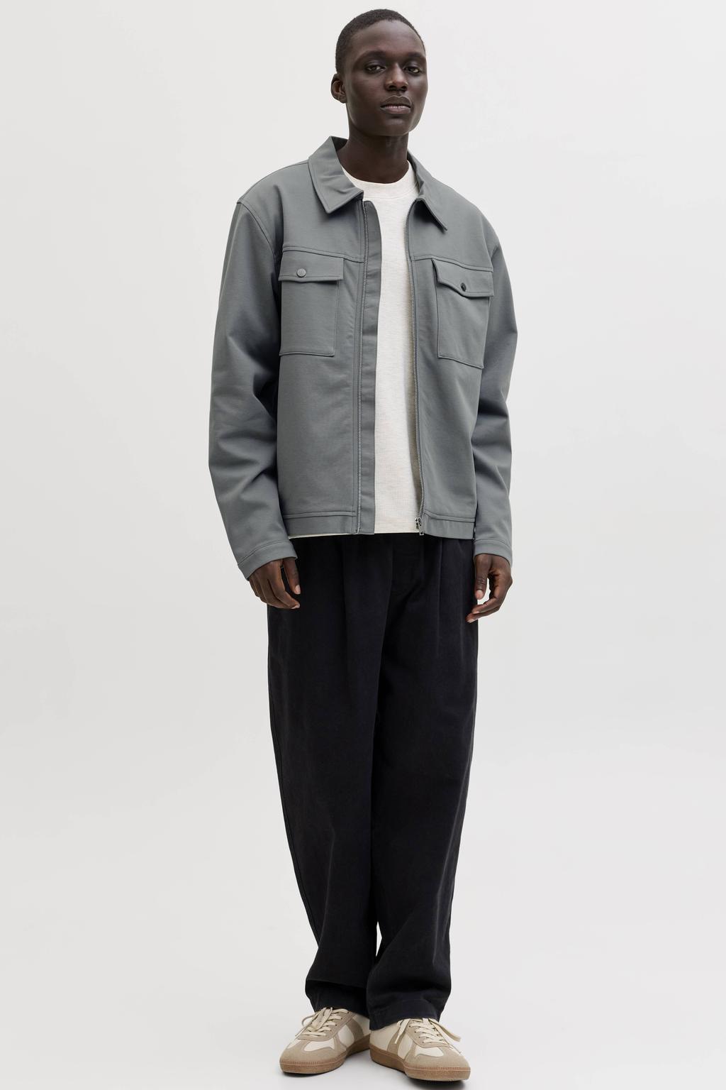 Grijsgroene heren JACK & JONES PREMIUM overshirt groen van katoen met effen, korte mouwen, klassieke kraag en ritssluiting