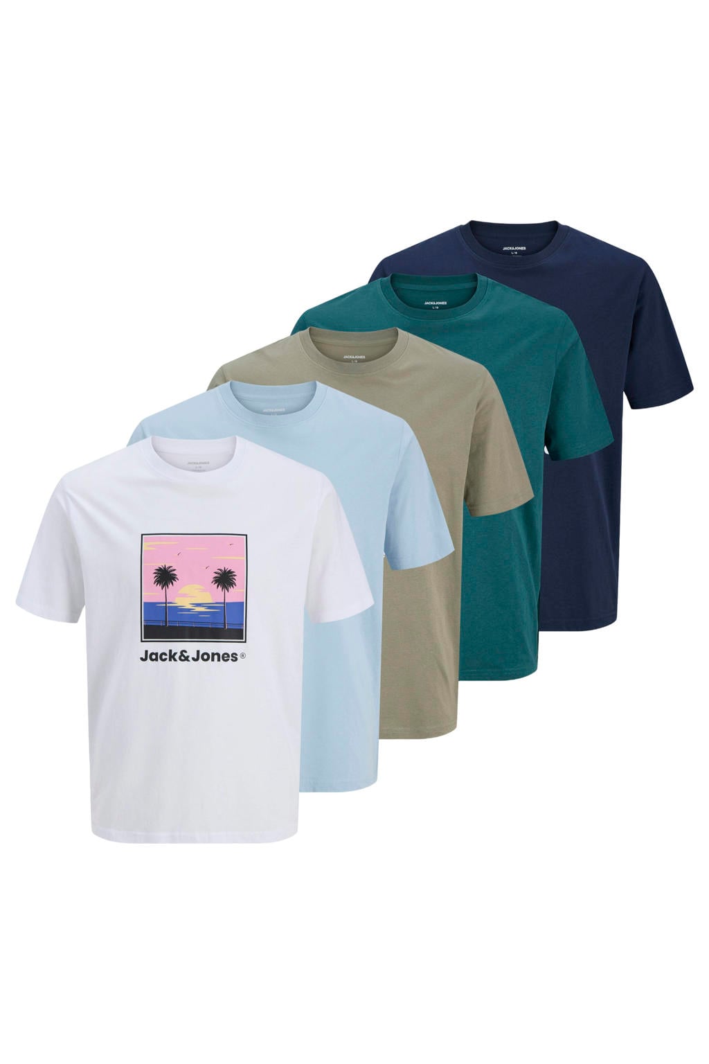 Multikleurige heren JACK & JONES relaxed T-shirt set van 5 van katoen met printopdruk, korte mouwen en ronde hals