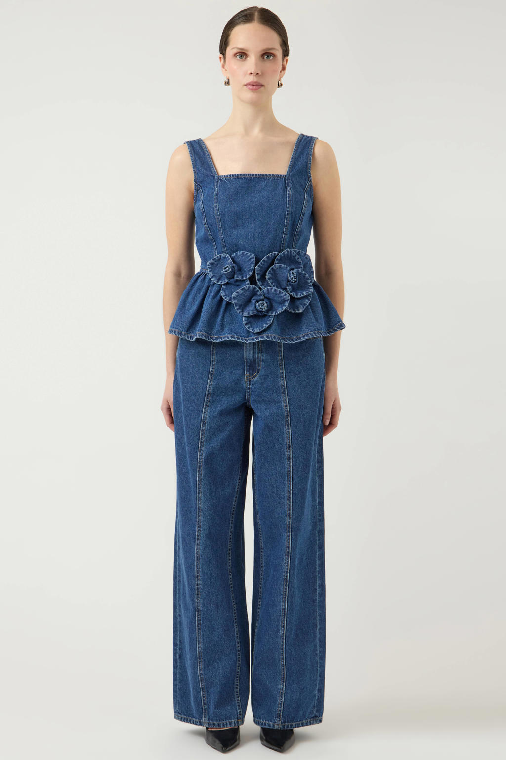 Medium blue denim dames YAS wide leg jeans van denim met rits- en knoopsluiting en effen