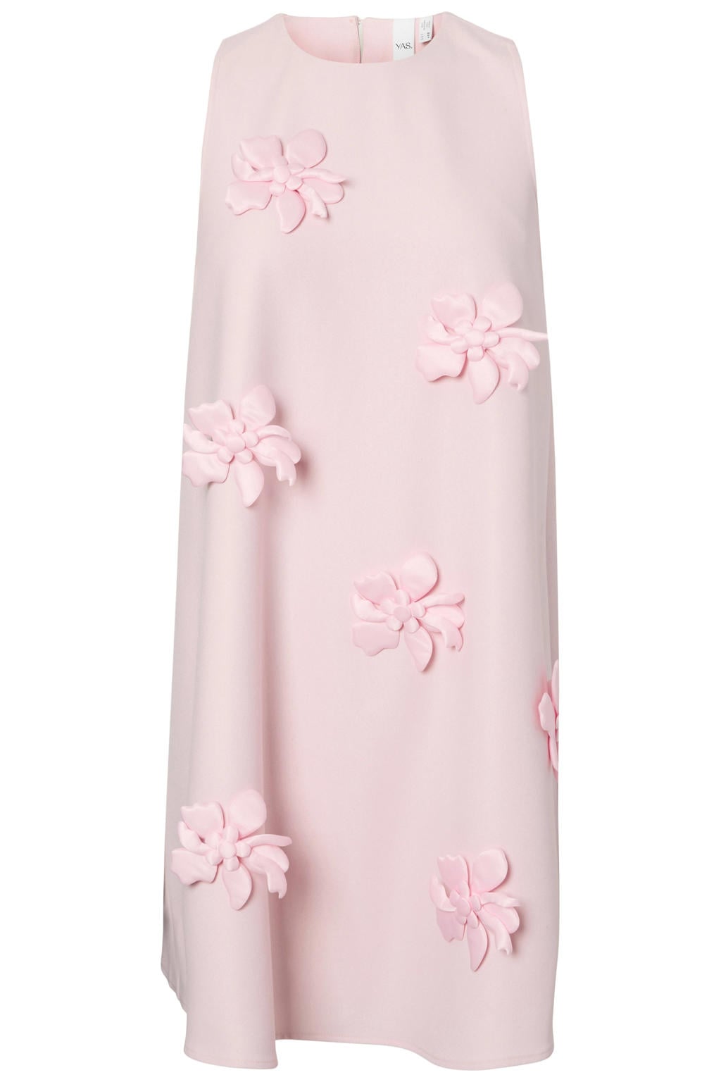 Lichtroze dames YAS korte jurk van polyester met effen, ronde hals, knoopsluiting en 3D applicatie