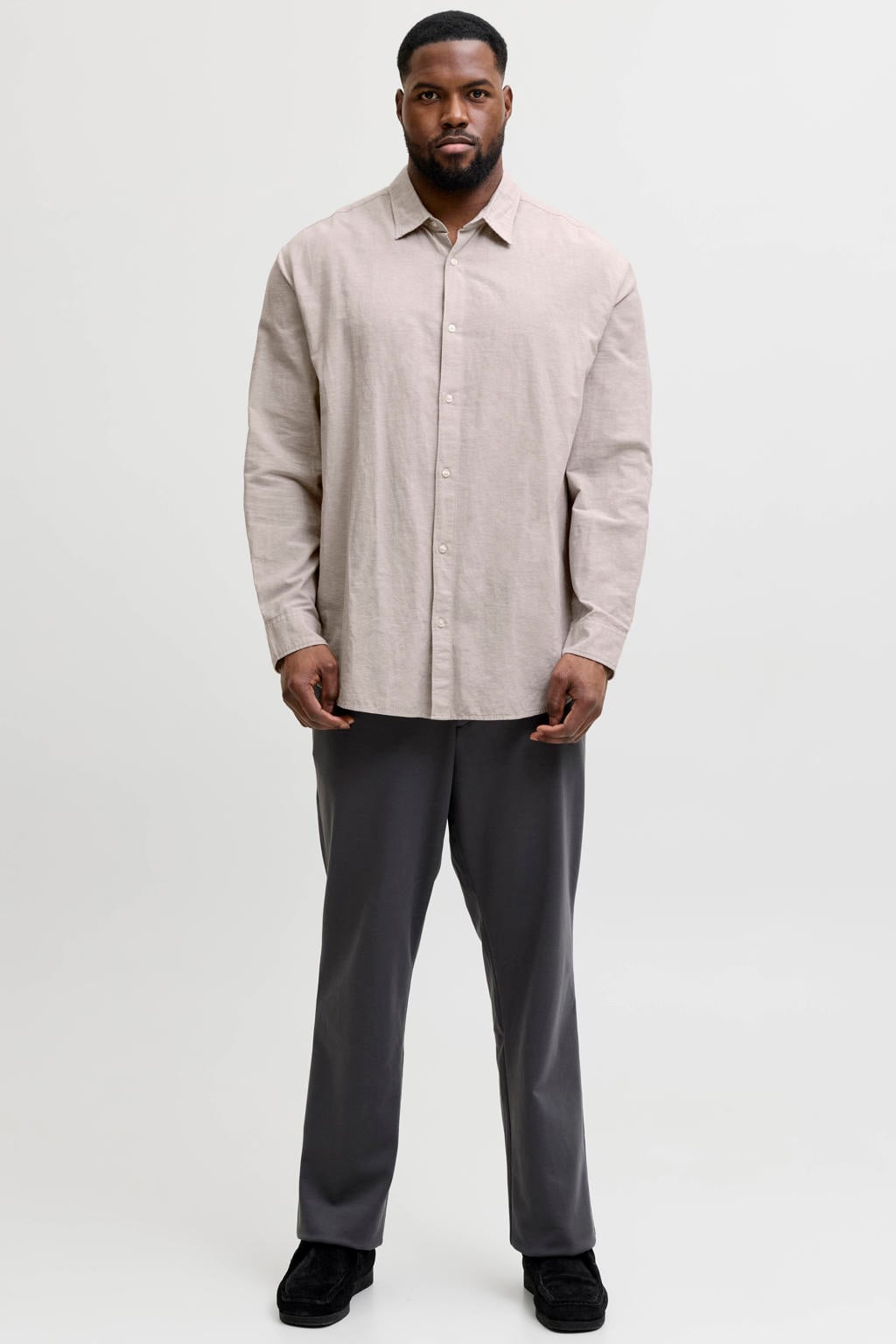 Beige heren JACK & JONES PLUS SIZE regular casual overhemd Plus Size van linnen met effen, lange mouwen, klassieke kraag en knoopsluiting
