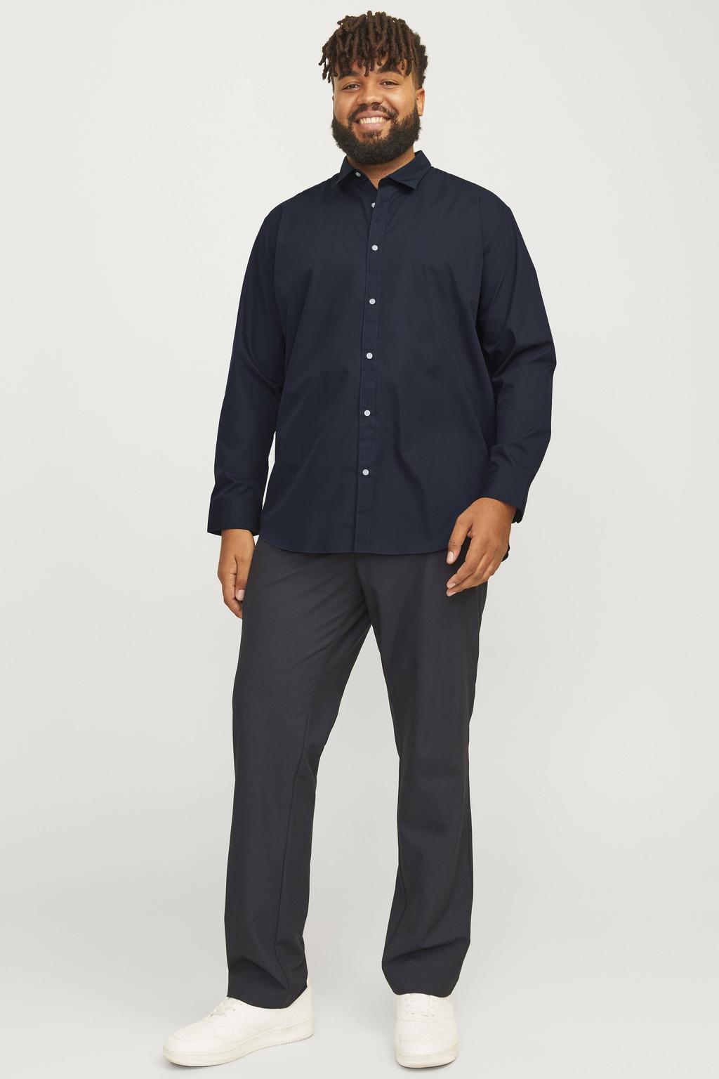 Donkerblauwe heren JACK & JONES PLUS SIZE regular zakelijk overhemd Plus Size van polyester met effen, lange mouwen, klassieke kraag en knoopsluiting