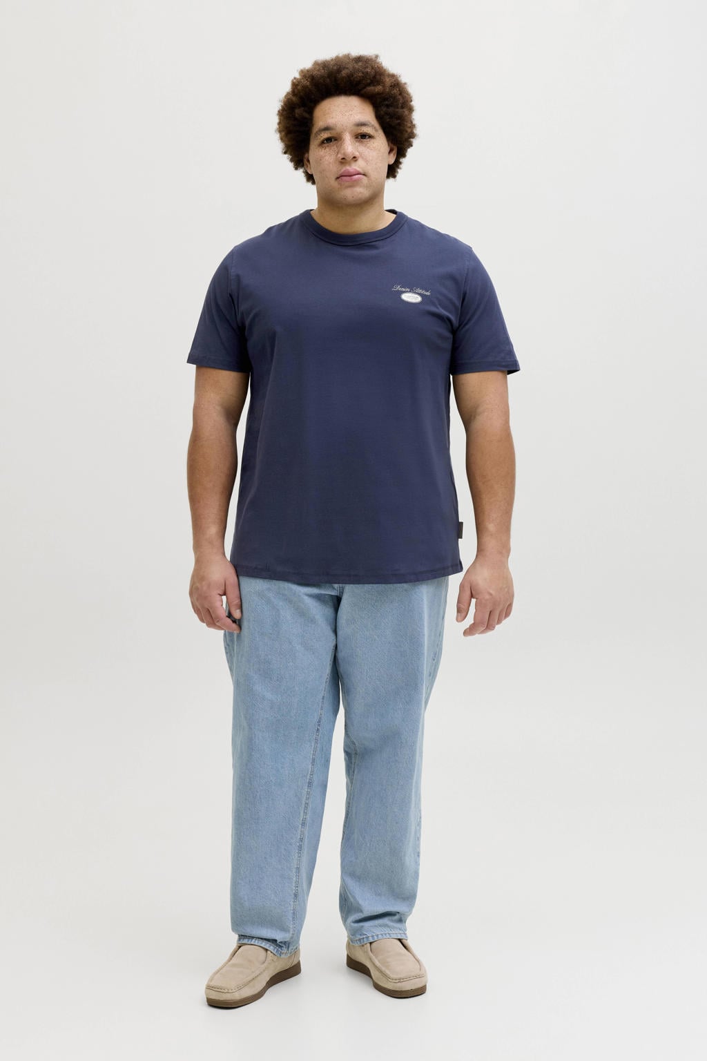 Donkerblauwe heren JACK & JONES PLUS SIZE regular T-shirt Plus Size van katoen met backprint en korte mouwen
