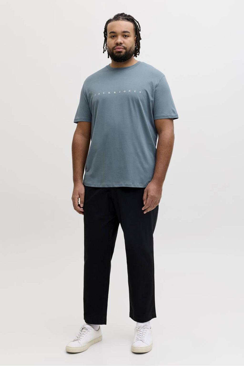 Blauwe heren JACK & JONES PLUS SIZE regular T-shirt Plus Size van katoen met logo dessin en korte mouwen