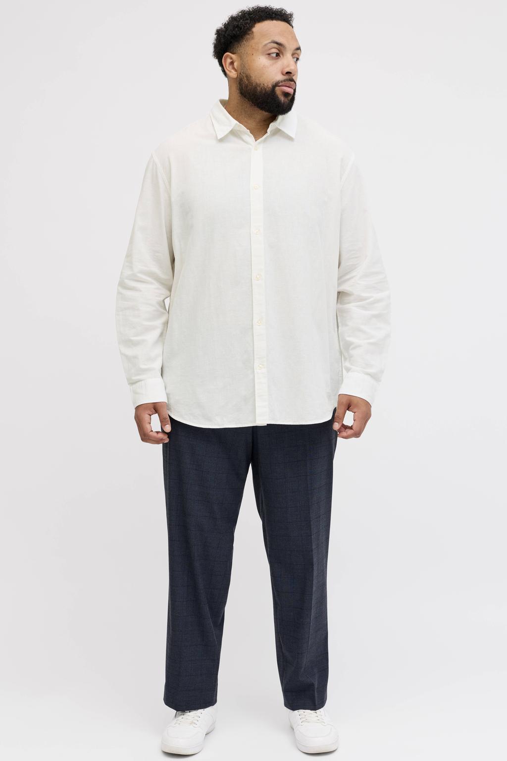 Witte heren JACK & JONES PLUS SIZE regular casual overhemd Plus Size van linnen met effen, lange mouwen, klassieke kraag en knoopsluiting
