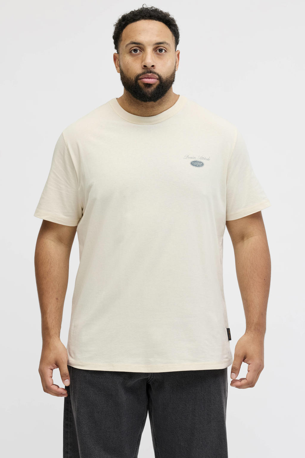 Ecru heren JACK & JONES PLUS SIZE regular T-shirt Plus Size van katoen met backprint en korte mouwen