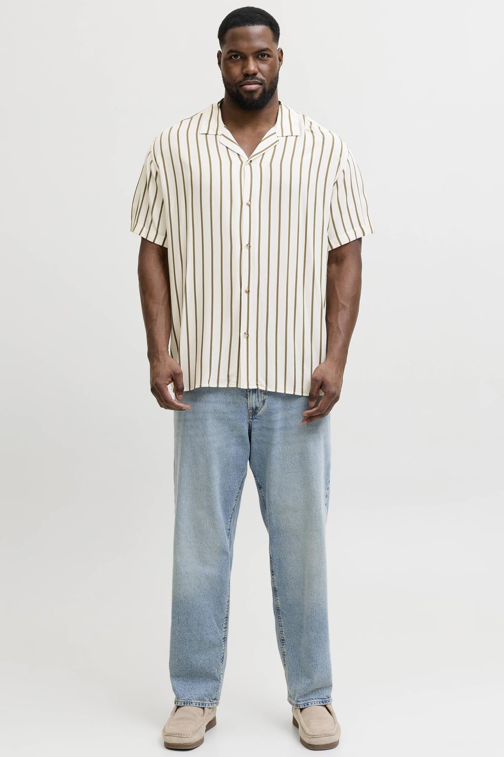 Ecru heren JACK & JONES PLUS SIZE regular gestreepte casual overhemd gebreid Plus Size van viscose met korte mouwen, reverskraag en knoopsluiting