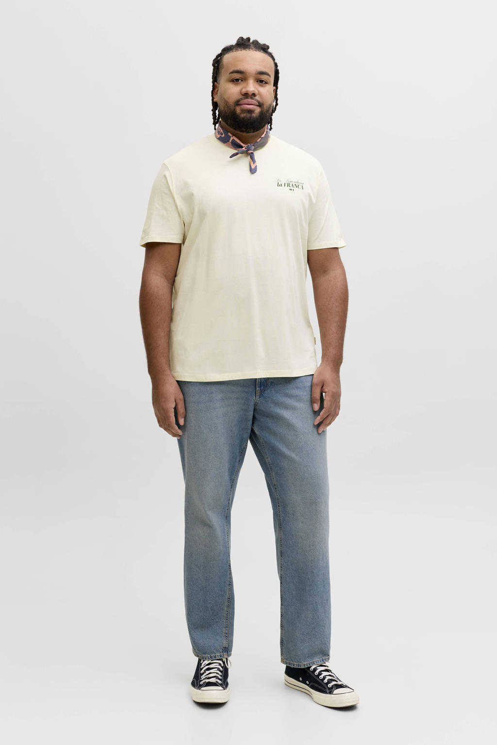 Ecru heren JACK & JONES PLUS SIZE regular T-shirt Plus Size van katoen met backprint en korte mouwen
