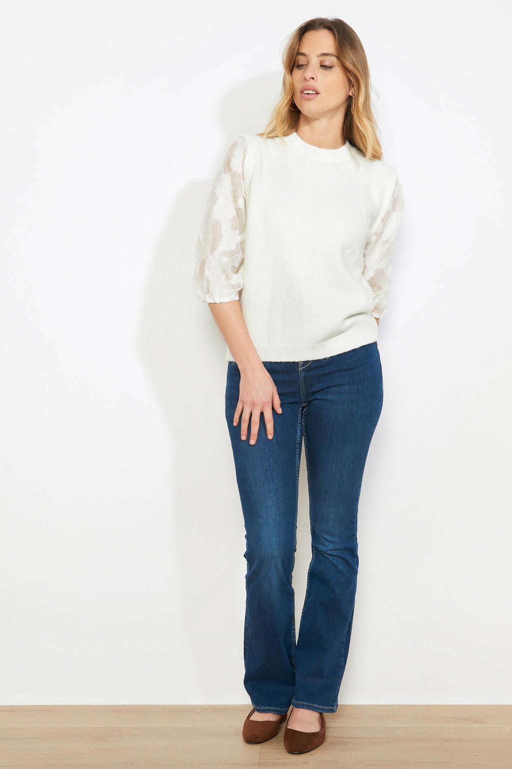 Ecru dames LOLALIZA top van polyester met effen, driekwart mouwen, ronde hals en semi-transparante details