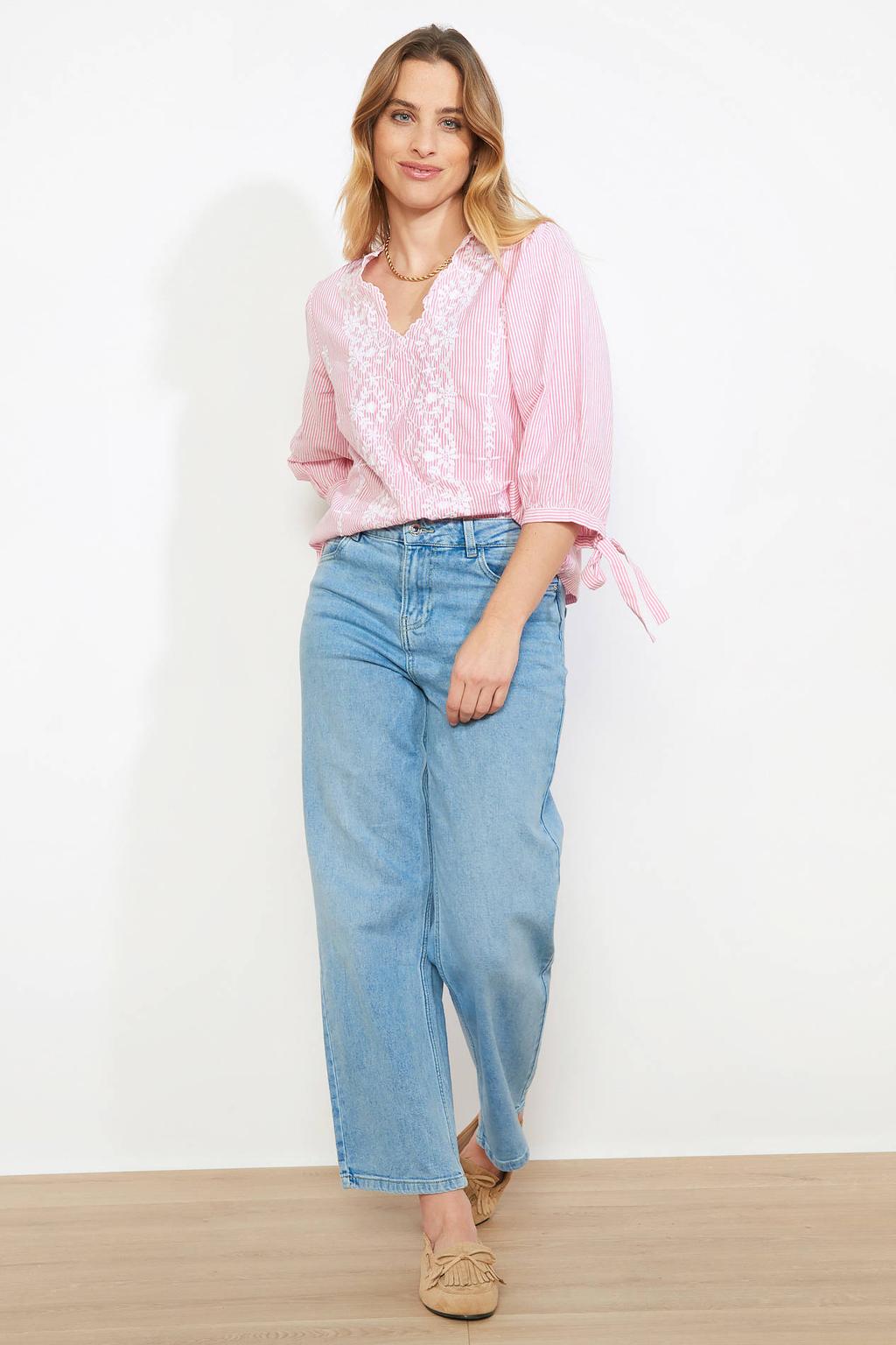 Roze en witte dames LOLALIZA gestreepte blouse van katoen met lange mouwen, klassieke kraag, knoopsluiting en borduursels