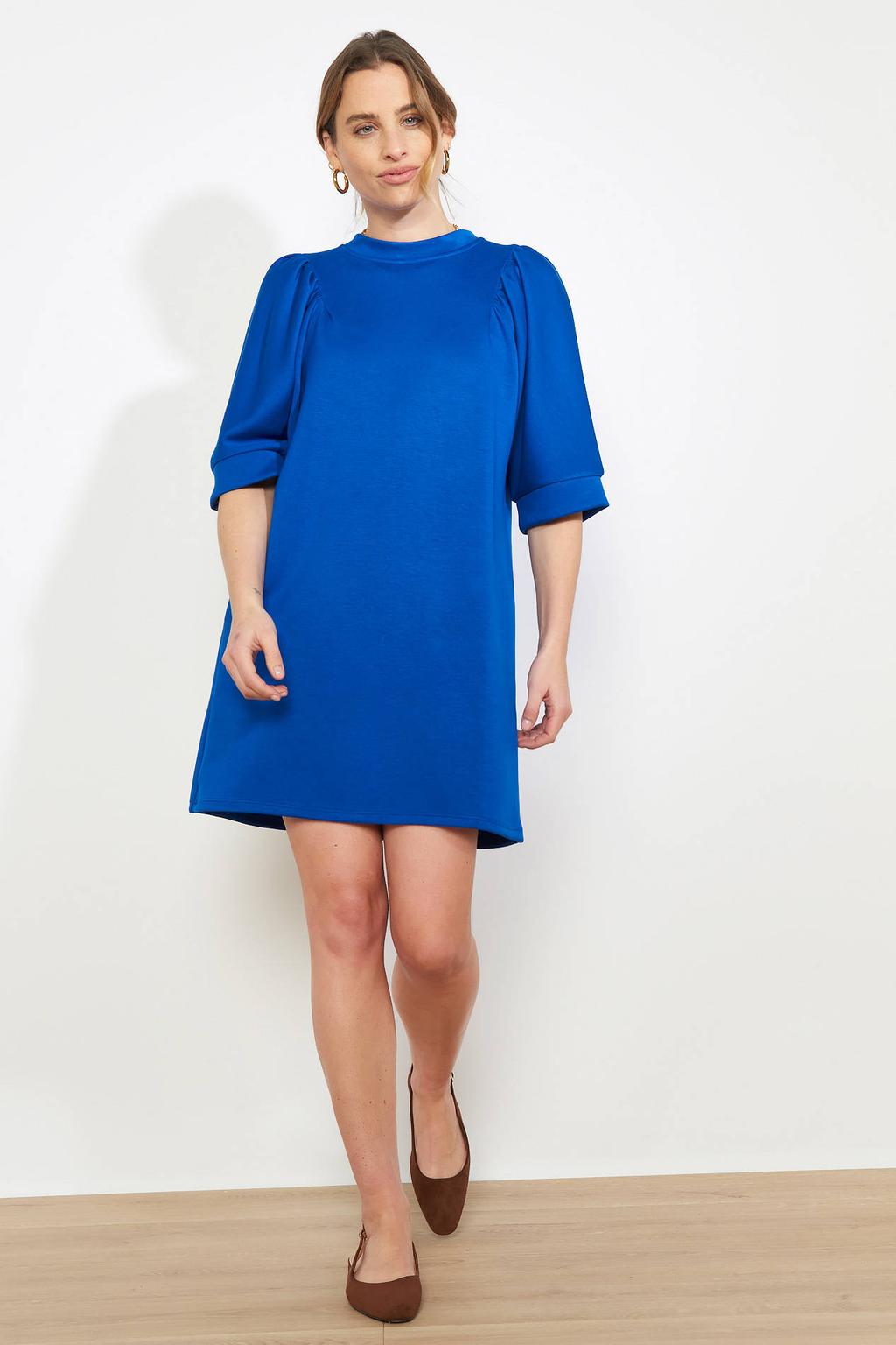 Blauwe dames LOLALIZA sweatjurk van viscose met effen, half lange mouwen en ronde hals