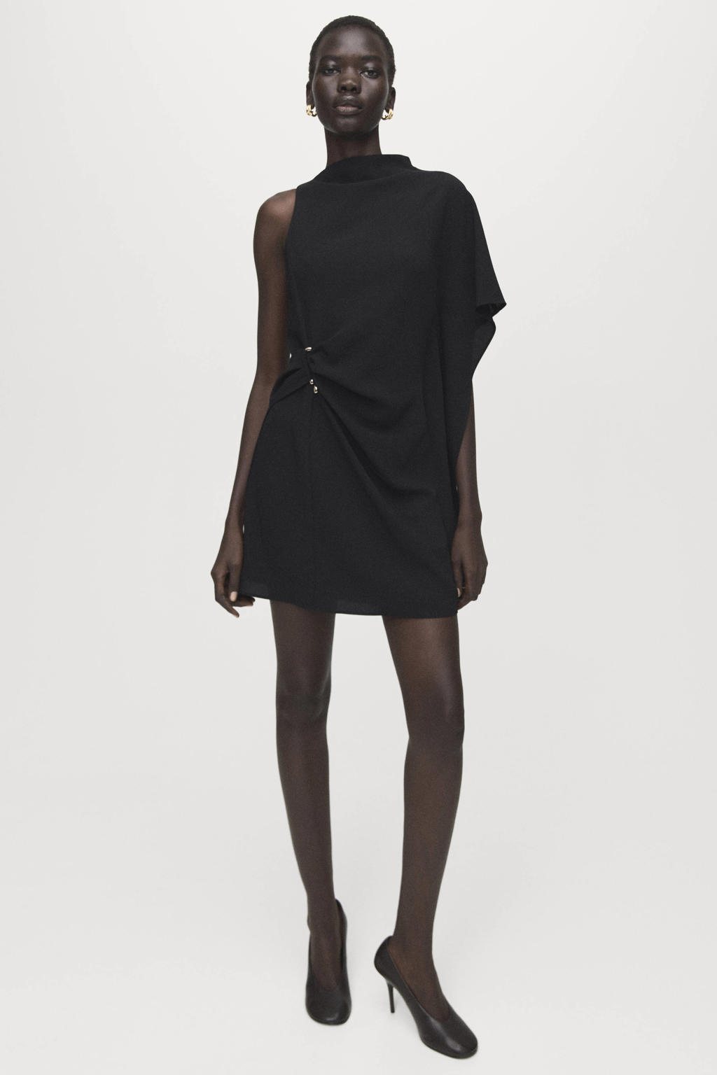 Zwarte dames Mango jurk van polyester met effen, korte mouwen, col, ritssluiting en siergesp