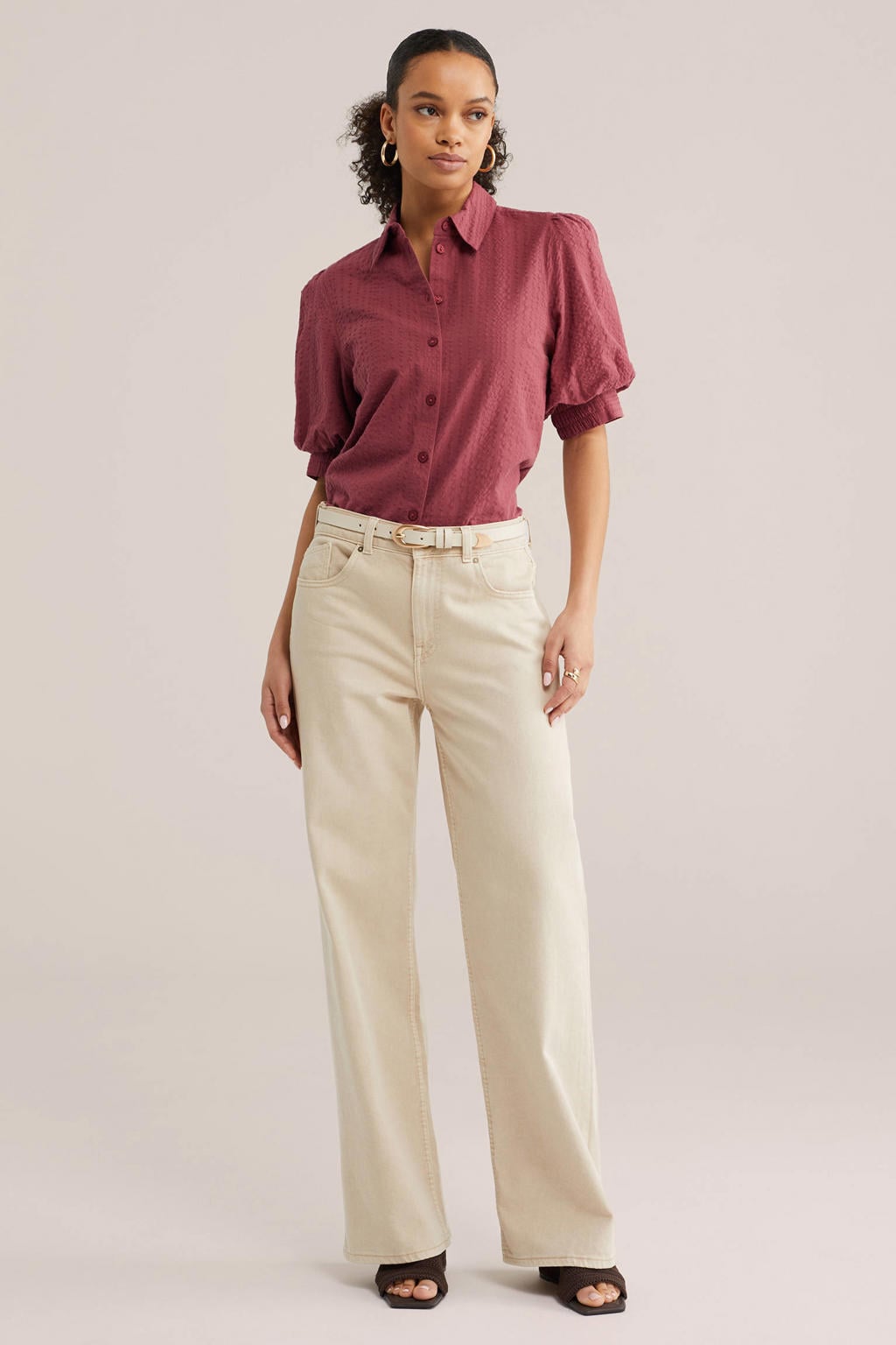 Oudroze dames WE Fashion blouse van katoen met effen, driekwart mouwen, klassieke kraag en knoopsluiting