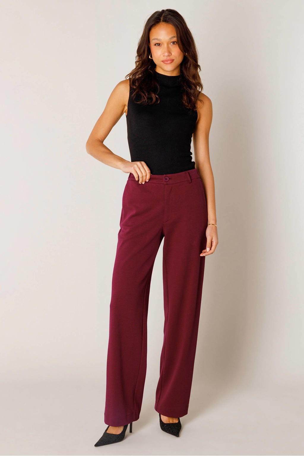 Donkerrode dames Base Level straight regular waist capri van katoen met effen