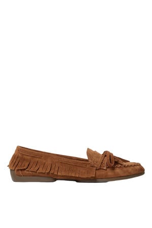 Margitsw Finge suède mocassins met franjes - cognac