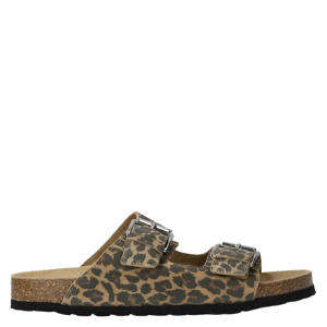leren slippers met panterprint bruin