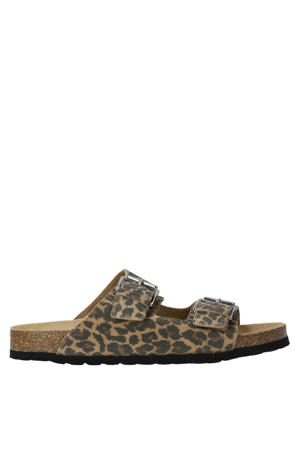 leren slippers met panterprint bruin