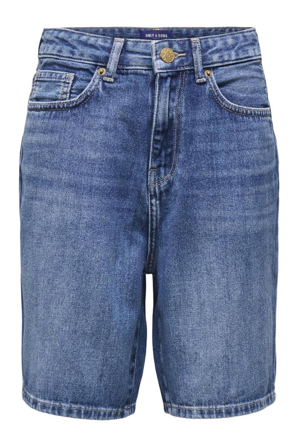 Medium blue denim jongens ONLY & SONS JUNIOR short van denim met loose fit, rits- en knoopsluiting en effen
