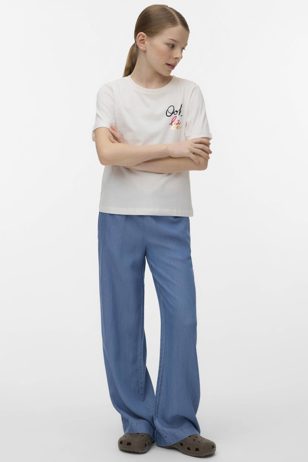 Medium blue denim meisjes VERO MODA GIRL wide leg regular waist van lyocell met elastische tailleband met koord en effen
