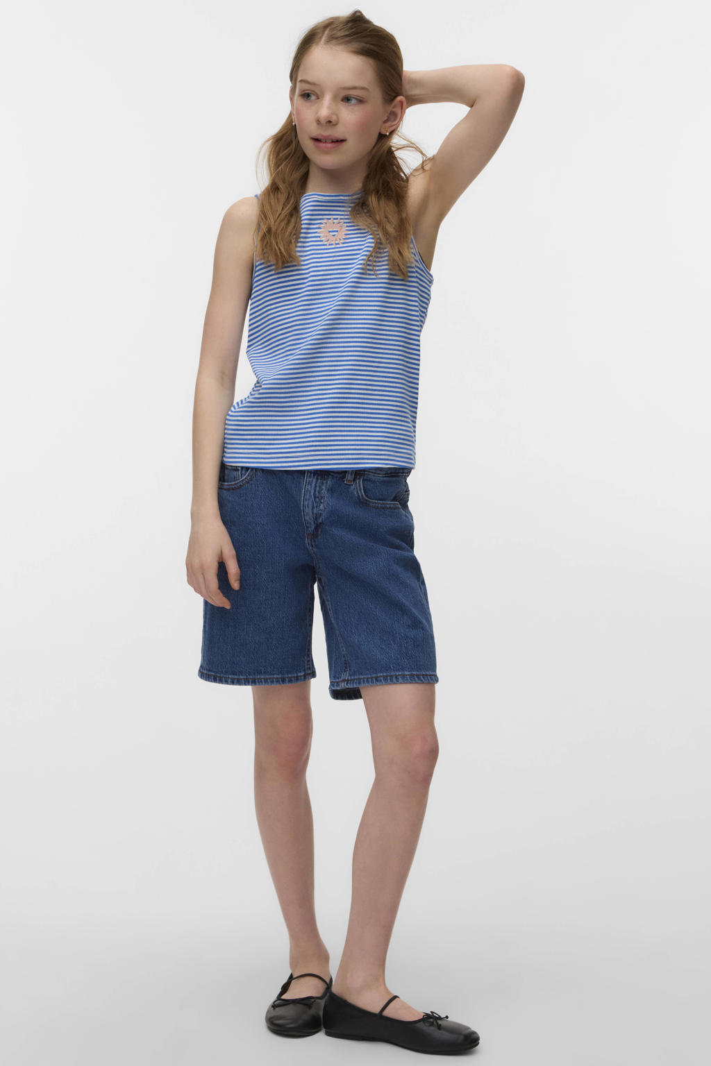 Medium blue denim meisjes VERO MODA GIRL short van denim met loose fit, rits- en knoopsluiting en effen