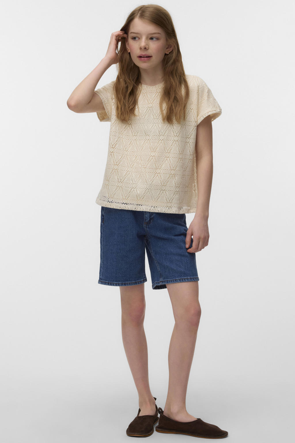 Ecru meisjes VERO MODA GIRL blousetop gebreid van polyester met effen, korte mouwen en ronde hals